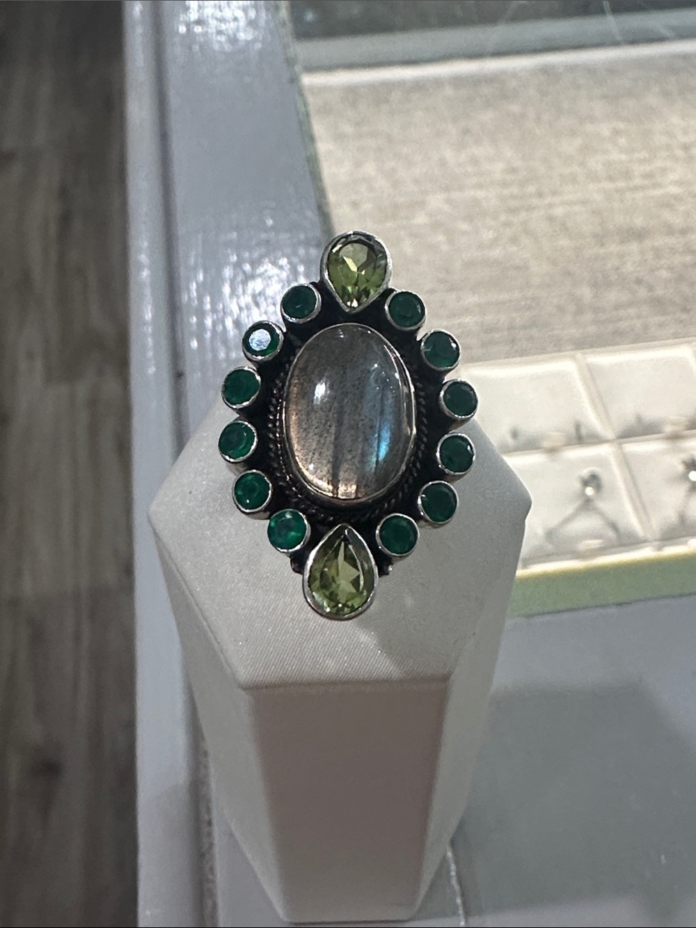 Nicky Butler Silver Labradorite Ring with emerald and peridot stones.